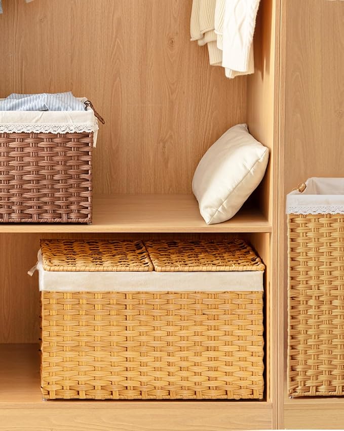 Storage Basket with Lid Wicker Baskets for Storage with 2 Separate Lid 42.3 Gallon (160 L) 29.9 x 17.3 x 18.1 Inches Rattan Woven Large Wicker Basket with 2 Liners for Bedroom Laundry Natural