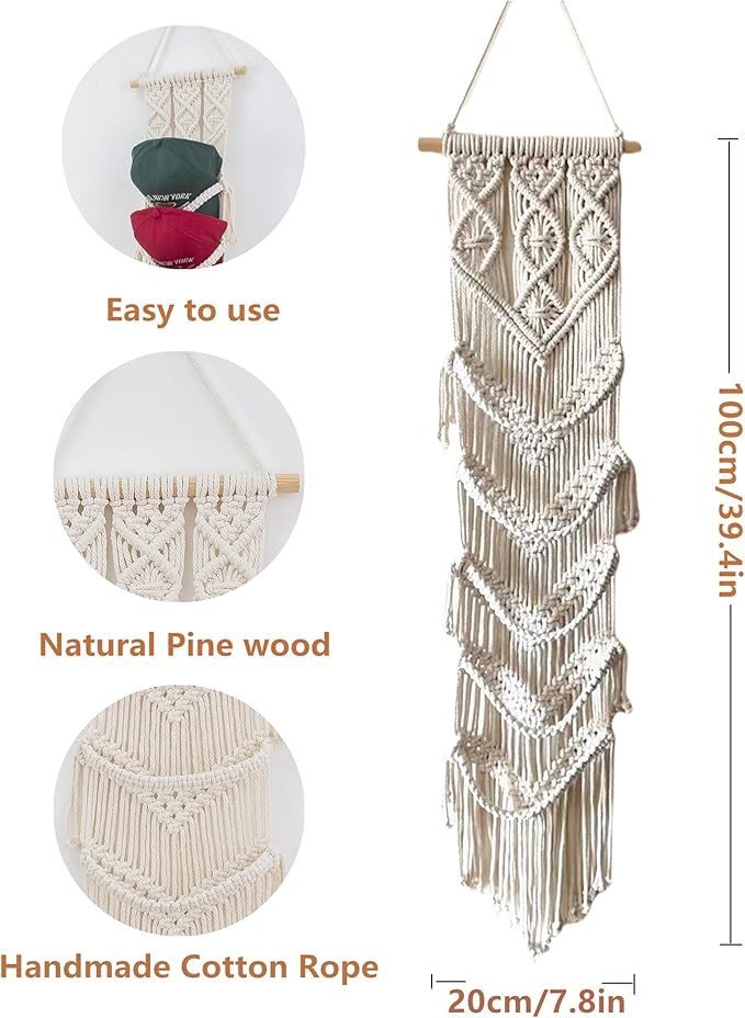 Macrame Cap Holder, Boho Hats organizer for baseball Caps, Hat Rack for Wall Hanging Decoration, Cap Rack for collection Display, Handmade Cap Hanger Storage Organizer (Five hats)