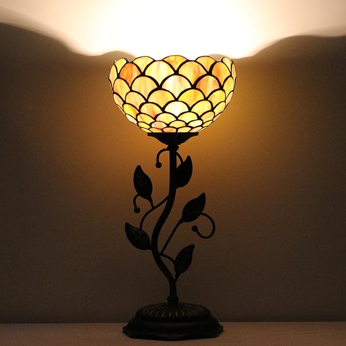 Small Tiffany Lamp Stained Glass Table Lamp Uplight Accent Lamp with Metal Leaf Base Yellow Fish Scales Style Desk Light 8X19 Inch for Home Office Living Room Bedroom