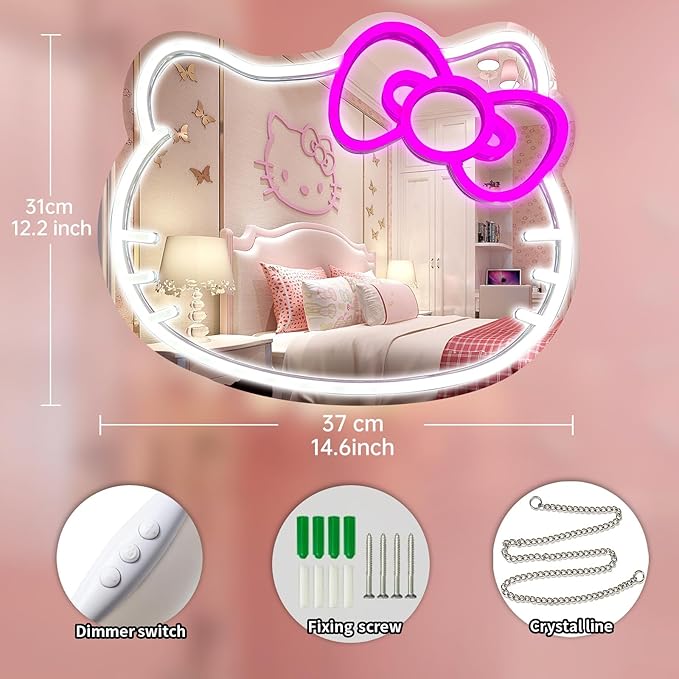 Anime Hello Kit Mirror with Light Neon Signs for Wall Decor, Neon Mirror with Dimmable for Teen Girl Gift,Makeup Mirror neon Sign Room Decor (14.6 * 12.2 inch)