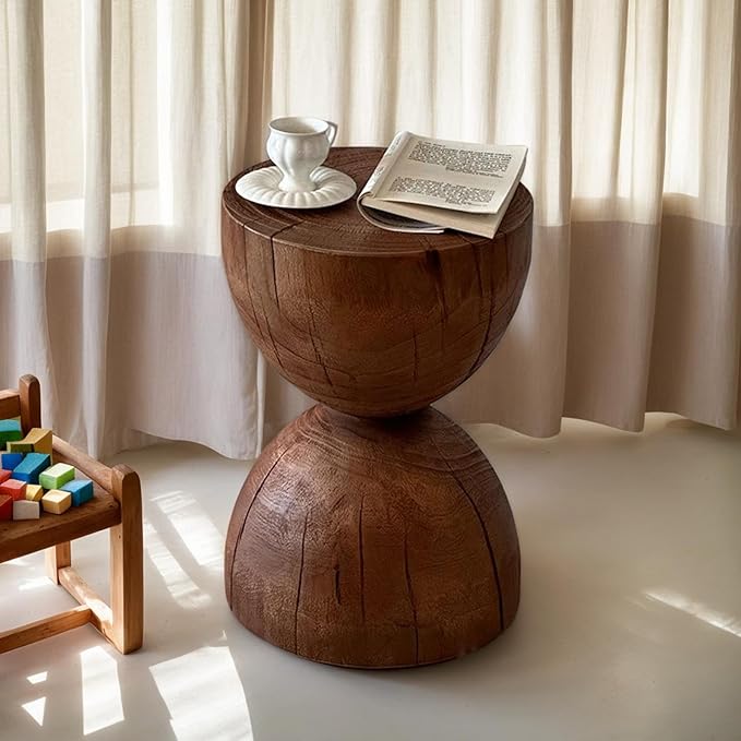 Natural Wooden Pillar Side Table – Round Tree Wood Drum-Shaped Coffee Table, Side Table for Balcony, Courtyard, Garden, Living Room Decoration – Modern Stool Design, Stable Base(Color:Brown)