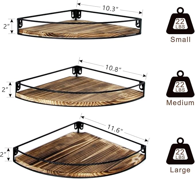 Corner Shelf Wall Mounted, Corner Floating Shelves for Wall, Wood Storage with Cable Hole for Kitchen Living Room Bedroom Bathroom, Dark Brown Set of 3