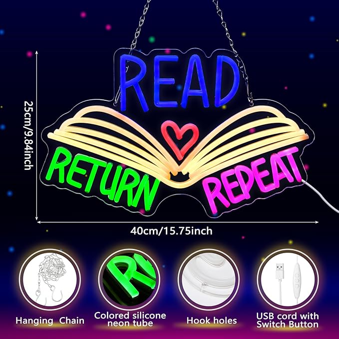 Retisee 15.8 x 10 Inches Neon Sign Read Return Repeat Book Library Decor Gifts LED Sign for Library Wall Book Themed Room Book Lover Room Reading Room Decor(Read)
