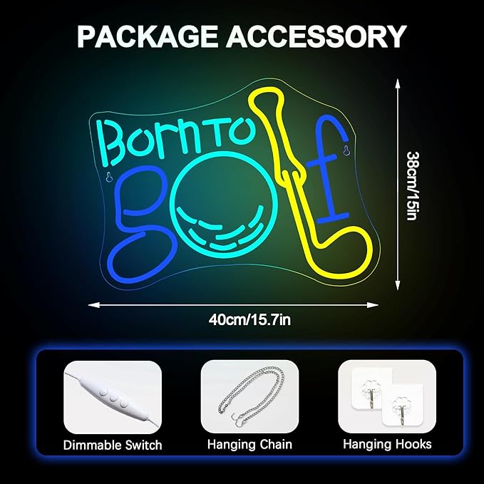 NOSUN Born to Golf Neon Sign Golf Neon Signs for Wall Decor, LED Sign Colorful Neon Light Sign Neon Lights with Dimmable Encourage Neon Signs for Bedroom Bar Club Apartment Home Party Neon Wall Sign.