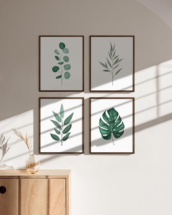 HAUS AND HUES Plant Wall Art - Botanical Prints Wall Art, Green Wall Art Collection Set Plant Pictures Wall Art, Leaves Paintings For Wall Minimalist Wall Art Sage Green Decor (8x10, Framed Walnut)