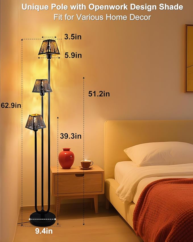 63IN Black Floor Lamp, Unique 3 Poles Tall Standing Lamps with Metal Shade, 3000K Warmwhite Mid Century Modern Floor Lamp for Living Room Home Office(Bulbs Included)