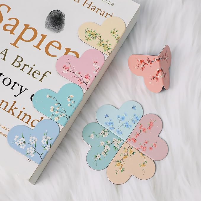 12 PCS Heart Magnetic Bookmarks for Reading Women, Assorted Magnet Corner Book Marks with Flower Patterns, Aesthetic Reading Gifts for Women, Teachers, Book Lovers, Girls (Floral Style)