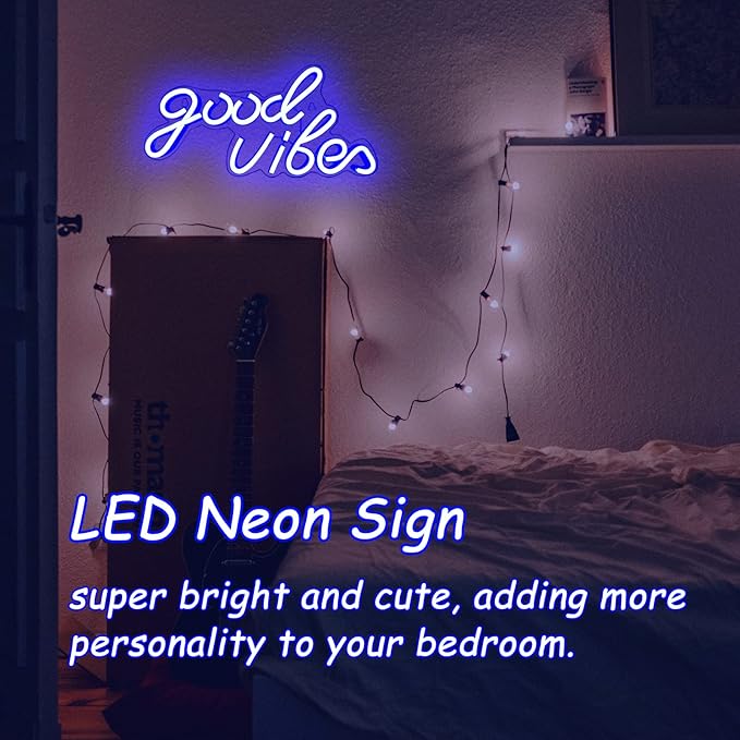 Good Vibes Neon Sign, LED Neon Signs for Wall Decor, Blue Neon Lights for Bedroom & Party Art Decor, USB Powered Bright Neon Light for Lover, Friends