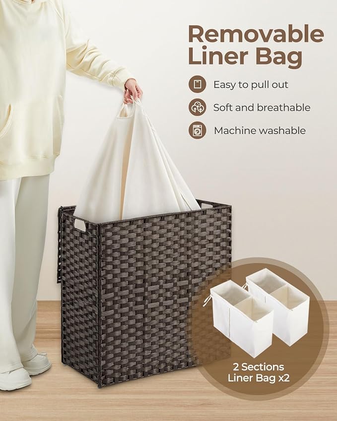 Greenstell Laundry Hamper with lid, No Install Needed, 110L Wicker Laundry Baskets Foldable 2 Removable Liner Bags, 2 Section Clothes Hamper Handwoven Rattan Laundry Basket with Handles, Brown