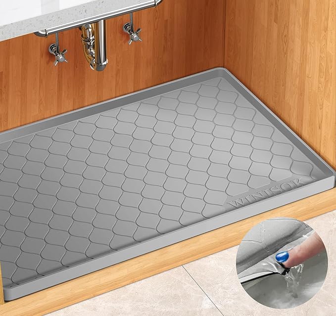 Silicone Under Sink Mat 31" x 19", Kitchen Essentials and Gadgets, Shelf Liner and Cabinet Protector, Home Organizers and Storage, Waterproof Bathroom Tray