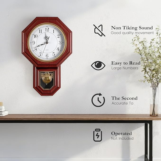 Regulator Wall Clock with Pendulum,Imitation Red Wood Plastic Wall Clock Battery Operated,Vintage Decorative Wall Clocks for Living Room,Farmhouse,Office,Bedroom,Kitchen,Wall Decor