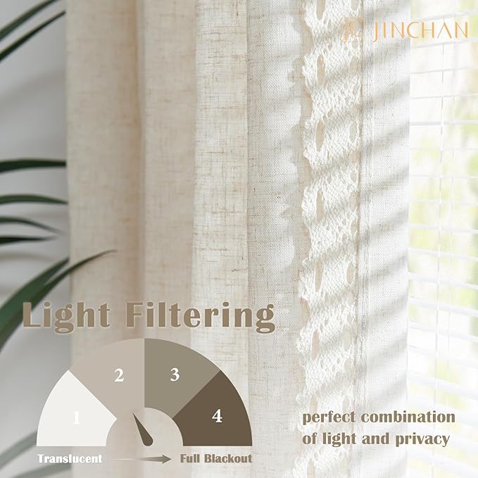 jinchan Linen & Polyester Blend Beige Curtains 84 Inch Length 2 Panels Curtains with Lace Trim for Living Room Rustic Farmhouse Curtain Rod Pocket Back Tab Light Bedroom Window Curtain Set