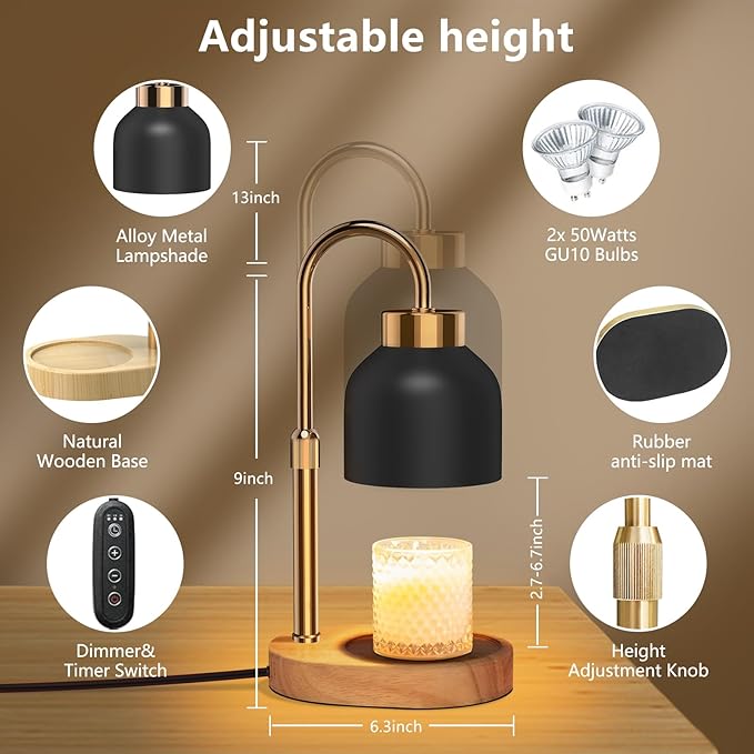 Candle Warmer Lamp with Timer and Dimmer and 2 Bulbs, Height and Brightness Adjustable, Black Electric Wax Warmer for Women Mom, Best Birthday and House Warming Gift New Home Decor