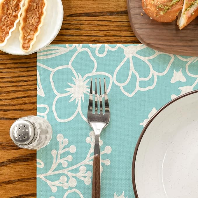 Artoid Mode Blue Bloom Flowers Summer Placemats Set of 4, 12x18 Inch Seasonal Spring Table Mats for Party Kitchen Dining Decoration