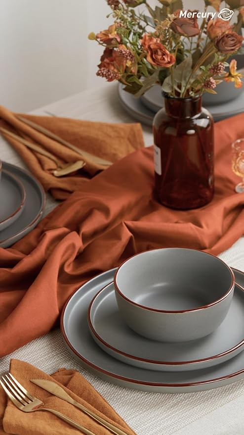 Famiware Mercury 24 Pieces Dinnerware Sets, Plates and Bowls Sets for 8, Microwave and Dishwasher Safe Dish Set, Dark Grey