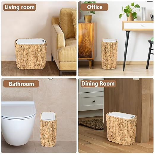 Boho Kitchen Trash Can with Lid,3.5 Gallon Automatic Small Rattan Trash Can,Slim Wicker Motion Sensor Garbage Can and Hamper 2 in 1 for Bathroom,Narrow Waste Basket for Office, Living Room
