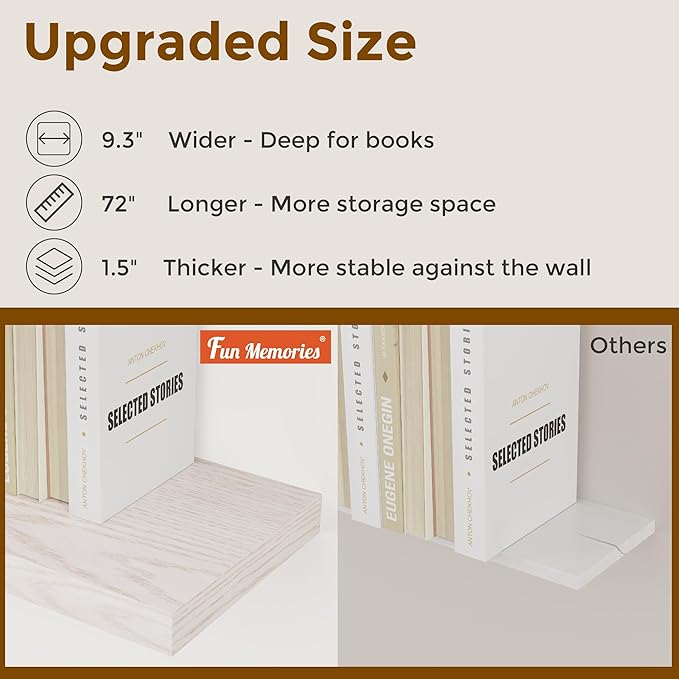 Brich Floating Shelves 72 Inch Long, 9.3" Deep Shelves Wall Mounted, 72"x9.3" Fireplace Mantel, Deep Storage Shelves for Home & Office, Rustic Large TV Stand - 9.3" D x 72" W x 1.5" H, 1 Pack