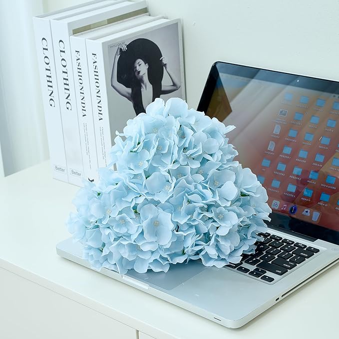 Ice Blue Hydrangea Artificial Flowers Heads Fake Silk Flowers Full Silk Flowers with Stems Wedding Home Party Shop Baby Shower Decor 10Pcs