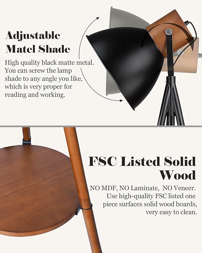 ELYONA Dimmable Tripod Floor Lamp with Table, Wood Standing Lamp with Adjustable Metal Shade, Modern End Table with Reading Light for Livingroom, Bedroom, Office, LED Bulb Included, Black & Brown