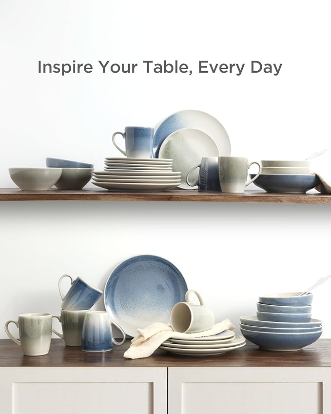 Famiware Glacier Dinnerware Sets, Plates and Bowls Dish Sets for 6 (18 Pieces), Stoneware Tableware - Dishwasher and Microwave Safe, Handcrafted Reactive Glaze, Azure Blue