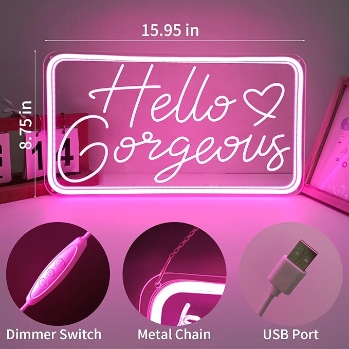 Hello Gorgeous Neon Signs for Wall Decor, Hello Beautiful Neon Sign for Girls Bedroom, Makeup Room Pink LED Neon Lights for Bachelorette Birthday Party Wedding USB Powered with Dimmable Switch