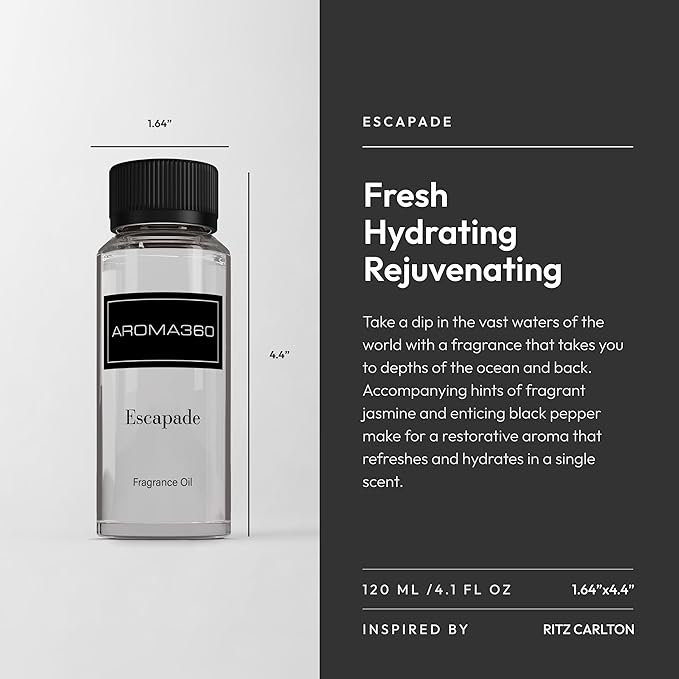 Aroma360 - Escapade Fragrance Oil Scent - Luxury Aromatherapy Scent Diffuser Oil - Hints of Lemon, Ocean, Bergamot, & Fragrant Jasmine - for Essential Oil Diffusers - for Home & Office - 120mL