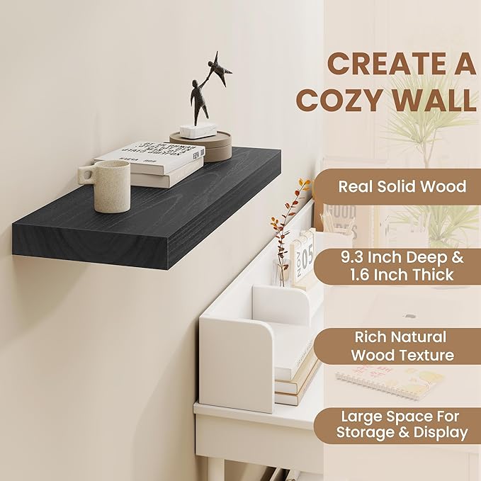 Black Floating Shelves 24 Inch Long, 9.3 Inch Deep Floating Shelves for Wall, Rustic Solid Wood Shelves, Deep Wall Shelves for Living Room, Bedroom, Kitchen, 24"W x 9.3"D x 1.6"H, Set of 2