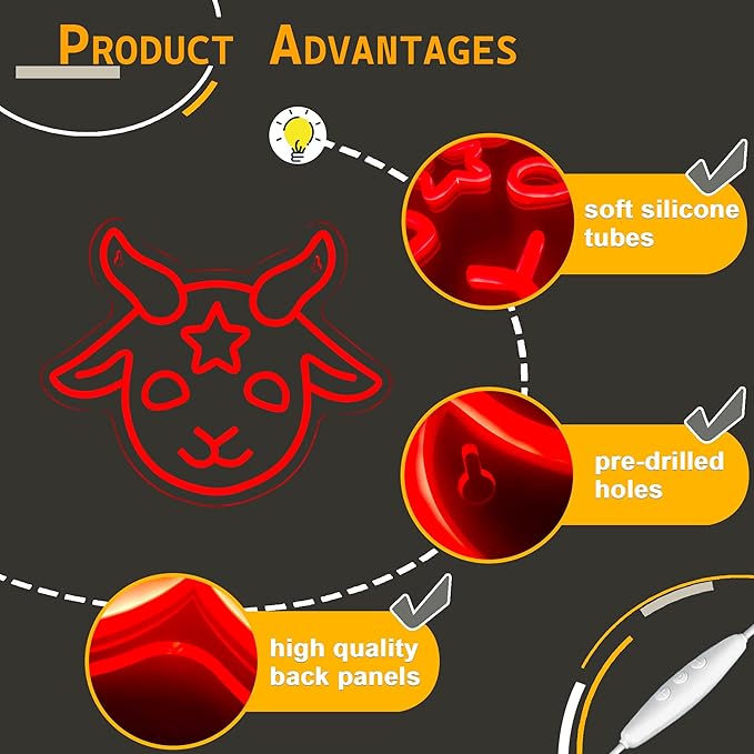 Baphomet Neon Sign, Dimmable LED Signs Gothic Satan Sigil Halloween Neon Signs for Wall Decor, Lamb Demons Neon Light Signs, USB Powered for Halloween Home Bedroom Dorm College Party