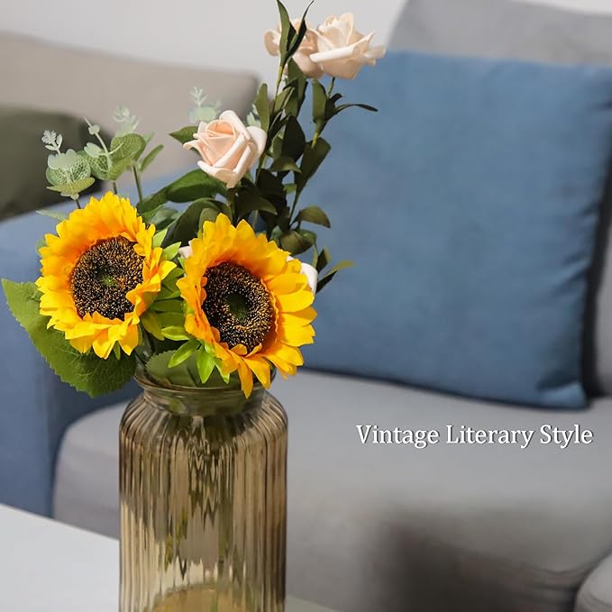 OFFIDIX Glass Vase,7.3 * 4.3in Vertical Line Geometric Faceted Design Flower Vase