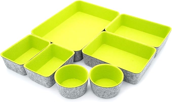 Welaxy Drawer organizers bins felt trays desk storage bins dividers small drawers for office supplies 7-piece Pack back to school college gift idea (Green)