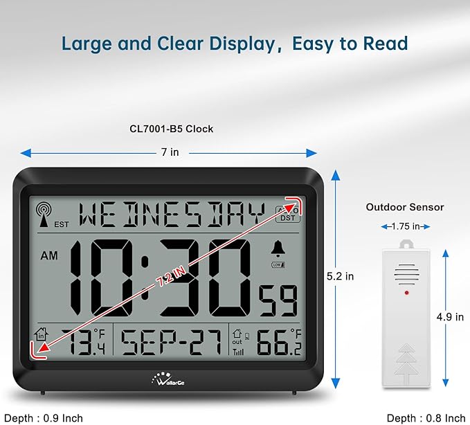 WallarGe Atomic Clock with Indoor Outdoor Temperature, Self-Setting Digital Wall Clock Battery Operated, 4 Time Zones, DST
