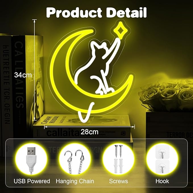 Moon Cat Neon Sign for Wall Decor,Dimmable Cute Cat with Star Neon Light,Yellow White Animal Light Up Signs for Bedroom Party Bar Background Decoration