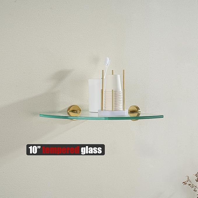 JQK Corner Glass Shelf, Brushed Gold Bathroom 304 Stainless Steel Shower Triangle Floating Wall Shelf, 10 x 10 Tempered Glass, 3 Pack, TGS190L10-BG-P3