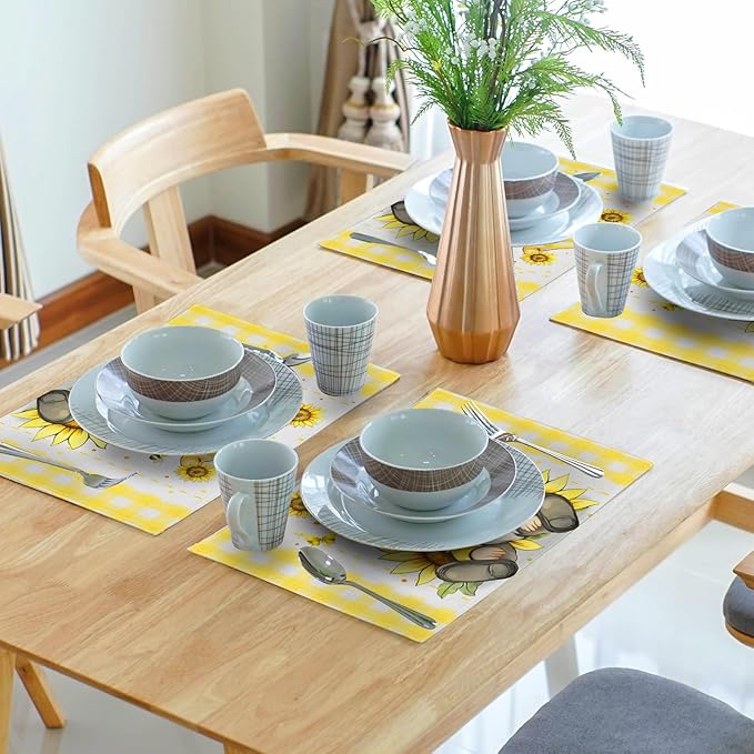 Summer Gnome Sunflowers Placemats Set of 4, Honey Butterfly Yellow White Buffalo Check Plaid Dining Table Place Mats 12 x 18 Inch Summer Seasonal Farmhouse Kitchen Home Decor
