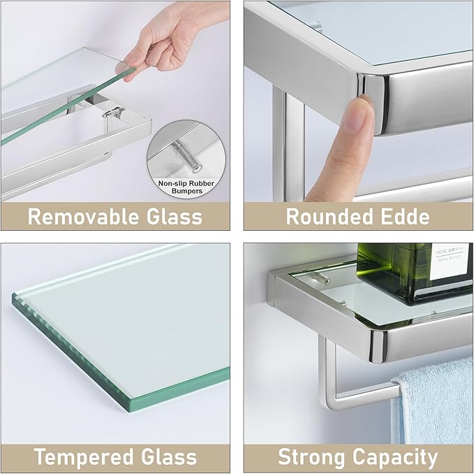 Bathroom Shelves/Glass Shelf Wall Mount 20-in with Towel Bar/Rack Floating Shelves for Bathroom Tempered Glass Rectangular 1 Tier Organizer Wall Shelf (Chrome Polished, 20'')