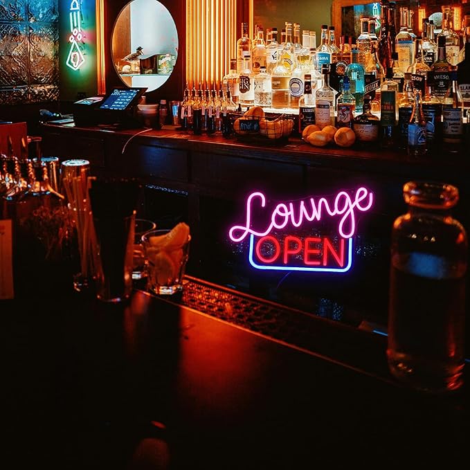 Dimmable Lounge Open Neon Sign Led Lounge Neon Lights for Wall Decor Cool Letter LED Sign Business Light Up Signs for Bar Store Hotel Party Decoration(16.7’’X10.4’’)