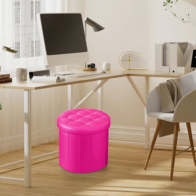Ottoman with Storage, Foot Rest Stool with Thicker Foam Padded Seat Leather Small Round 14“ x 14” x 13 "Inchs Storage Ottoman Bench for Living Room Foldable Pouf Coffee Table 2 Pack, Rose Red