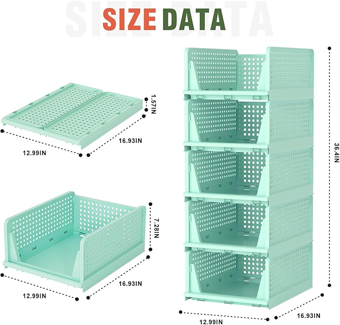 Neprock Closet Organizers - 5 Pack Folding Plastic Drawer Storage for Clothes, Stackable Bins for Closet, Cupboard, RV Bathroom (5L Green)