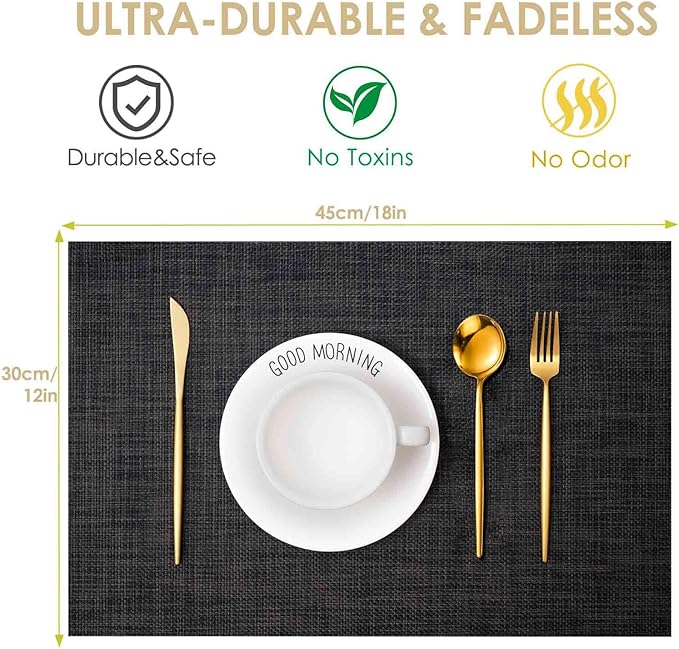 GIVERARE Placemats Set of 4, Heat-Resistant Woven Vinyl Placemat 12x18in, Non-Slip Washable PVC Table Mat, Easy to Clean Premium Plastic Mats for Dining, Kitchen Table (Black/Gray)