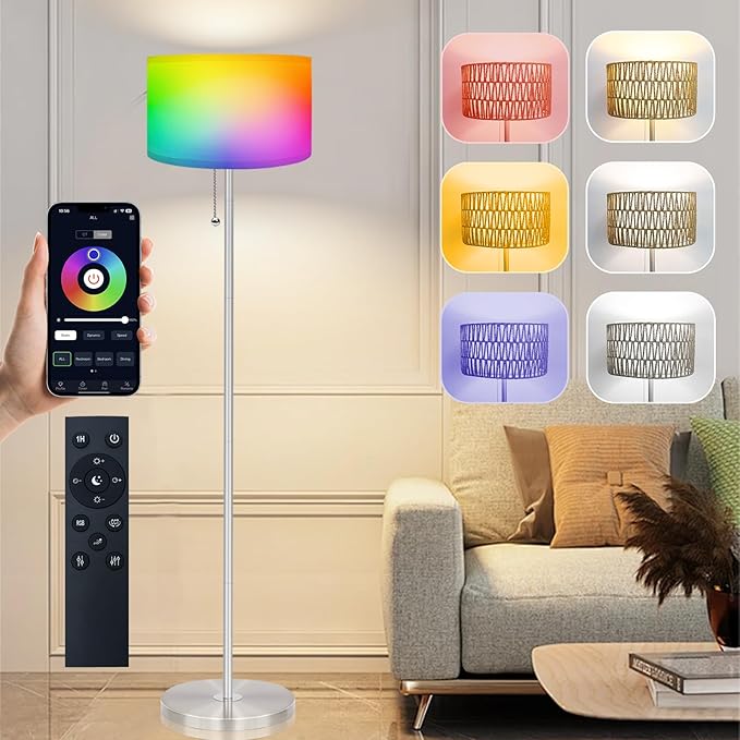Floor Lamp for Living Room with App Remote Control and Dimmable Bulb(16 Million Colors Temperatures),Rattan & Fabric Double Shades Farmhouse Lamps,Boho Standing Tall Bedroom,Office