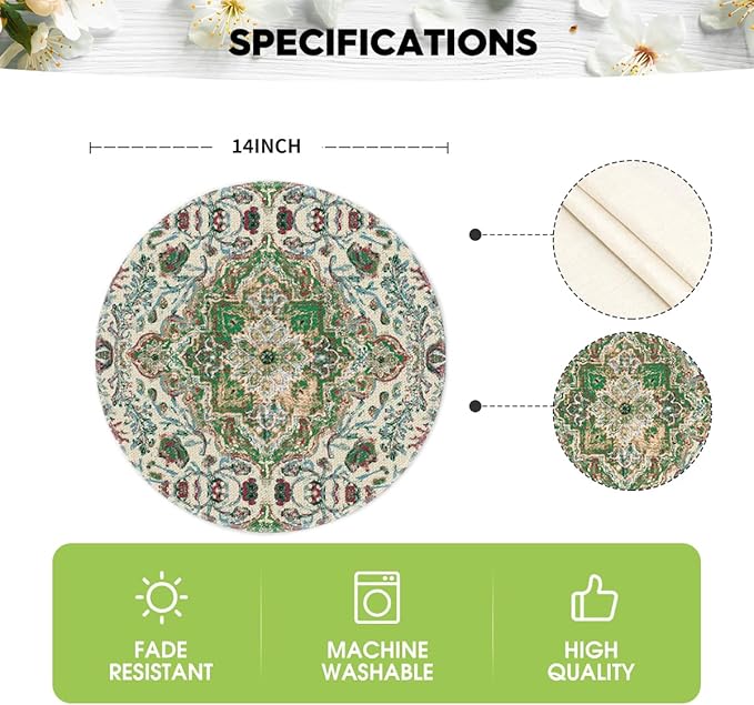 Artoid Mode Boho Round Placemats Set of 4,14 Inch Seasonal Daily Green Flowers Bohemian Table Mats for Party Kitchen Dining Decoration
