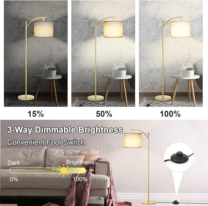 Floor Lamp for Living Room, Dimmable Standing Lamp Tall with Linen Shade Modern Floor Lamps Foot-Step Switch Reading Lamp for Living Room Bedroom Office Dining Room, 9W Bulb Included (Gold)