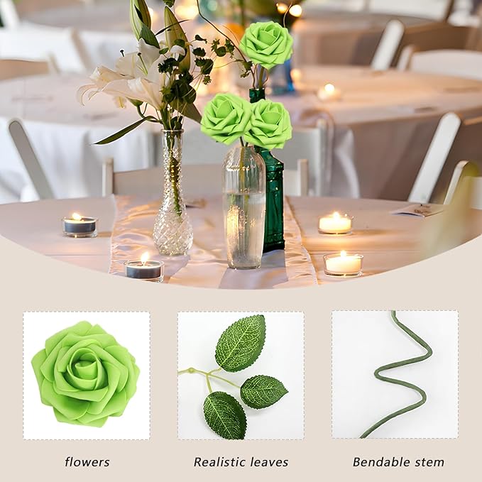 100Pcs Green Artificial Flowers Roses Real Looking Foam Fake Roses with Leaves for DIY Wedding Bouquets Bridal Shower Centerpieces Party Decorations (Green, 100)