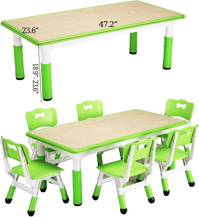 Kids Table and 6 Chair Set - Height Adjustable, Multifunctional Desk, Ergonomically Designed Chairs, Max 300lbs, for Ages 2-10, Classroom, Daycares, Home