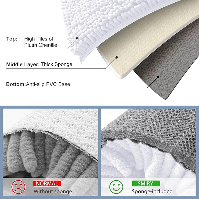 Smiry Luxury Chenille Bathroom Rugs 34x21, Extra Soft and Absorbent Shaggy Bath Mat, Machine Washable, Non-Slip Plush Carpet Runner for Tub, Shower, and Floor, Home Decor Accessories, White