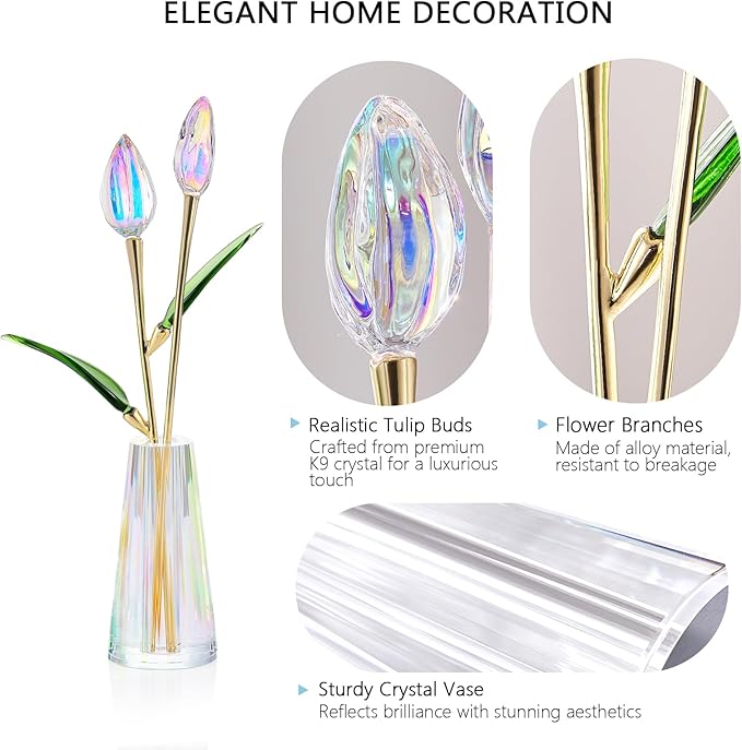 Crystal Tulips Figurine - Handmade Flowers with Vase - Glass Flower Bouquet Collectible Office Home Decor Paperweight - Tulip Gifts for Women Mom Bestfriend Wedding Anniversary