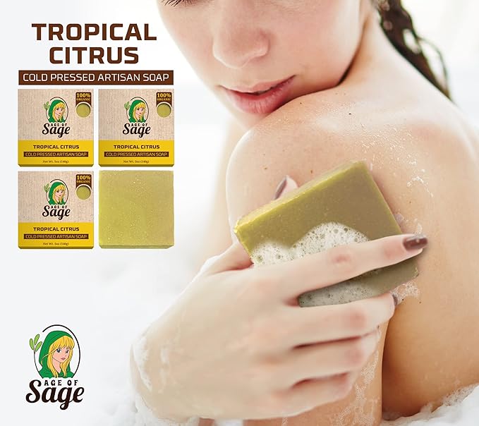 Natural Bar Soap for Women - Vegan Bath Soap Bars Gift Set - Handmade Cold Process Artisan Soap with Essential Oil, All Moisturizing Wash Soaps, Fragrant Tropical Citrus Scent by Age of Sage (4 Pack)