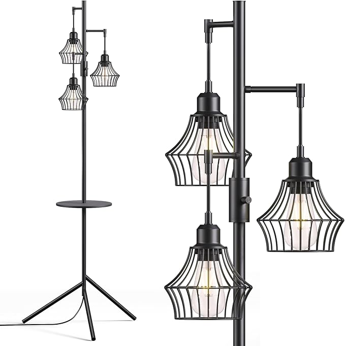 ULG 3-Light Floor Lamp with Shelves 69-Inch Vintage Standing Lamp with 3 Caged Edison Bulbs 2700K Warm White Smooth Dimming Modern LED Floor Light for Living Room, Home Office, Bedroom, Matte Black