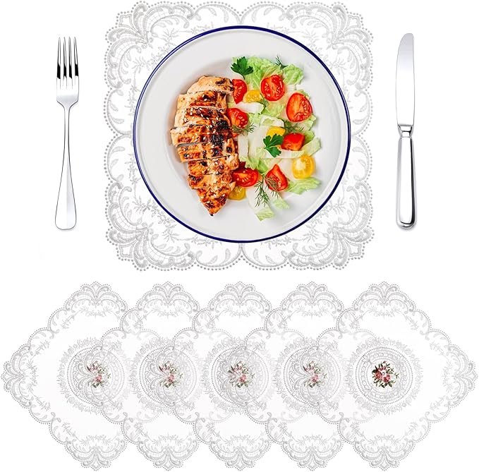 AVLA 6 Pack Lace Placemats, Retro French Style Cup Mat, Embroidered Dinning Table Place Mats, Fashionable Flower Vintage Crochet Lunchmat Doilies, Square Hollow Vase Mat for Home Wedding Decoration