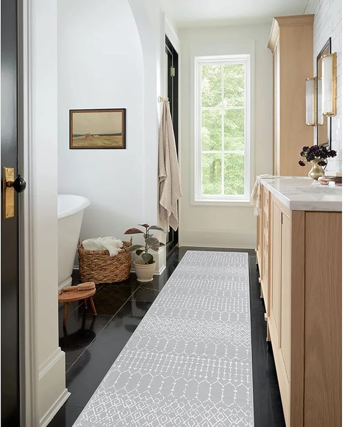 Lahome Moroccan Runner Rugs for Hallway 2x8 Throw Ultra-Thin Kitchen Rugs Runner Non Skid Washable Non-Slip Entryway Carpet Grey Distressed Print Mat for Bathroom Bedroom Laundry Room